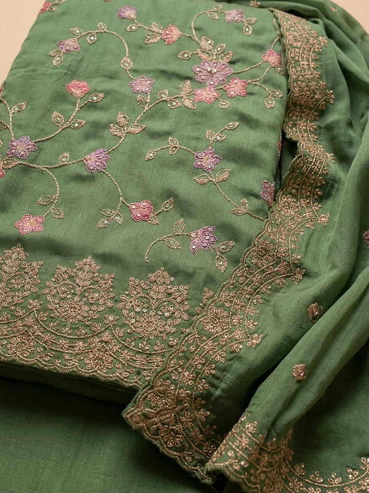 Green Organza Embroidered Unstitched Dress Material