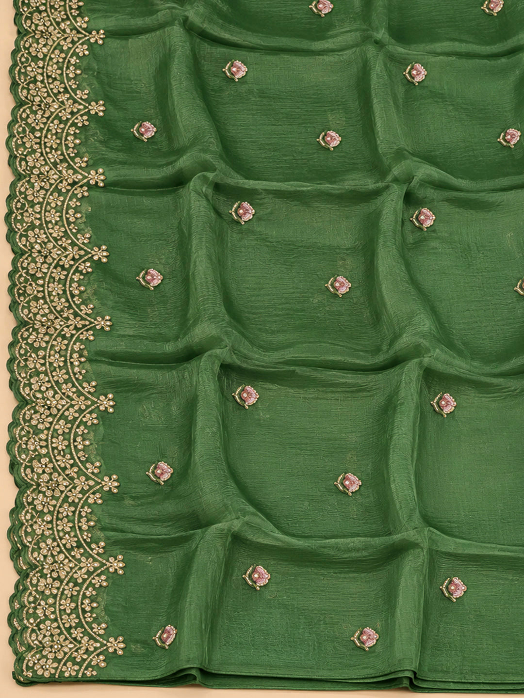Green Organza Embroidered Unstitched Dress Material