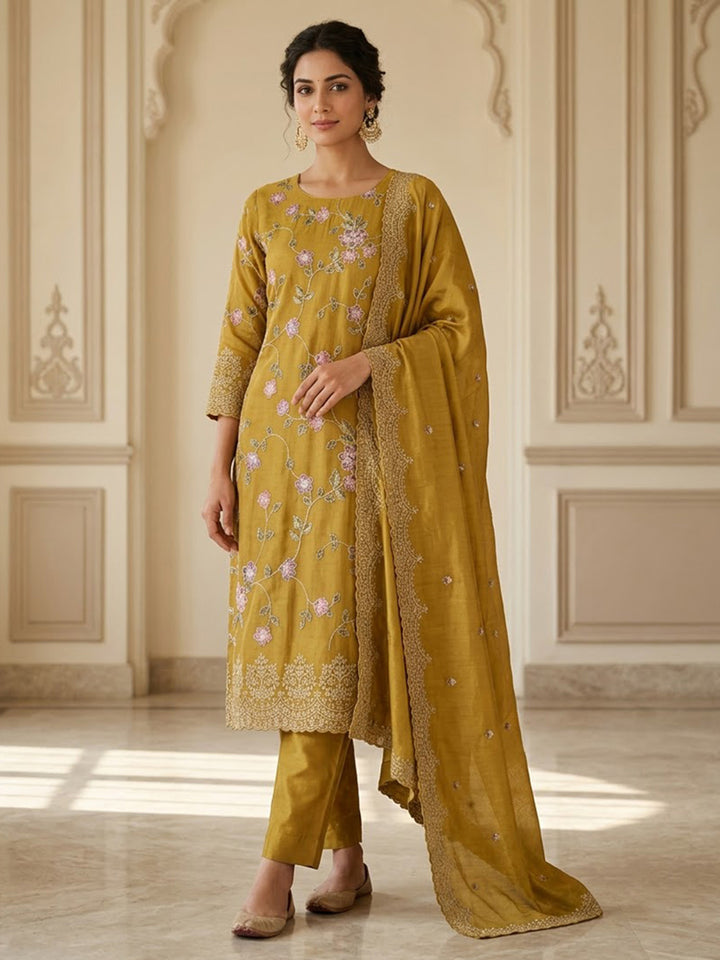 Mustard Organza Embroidered Unstitched Dress Material