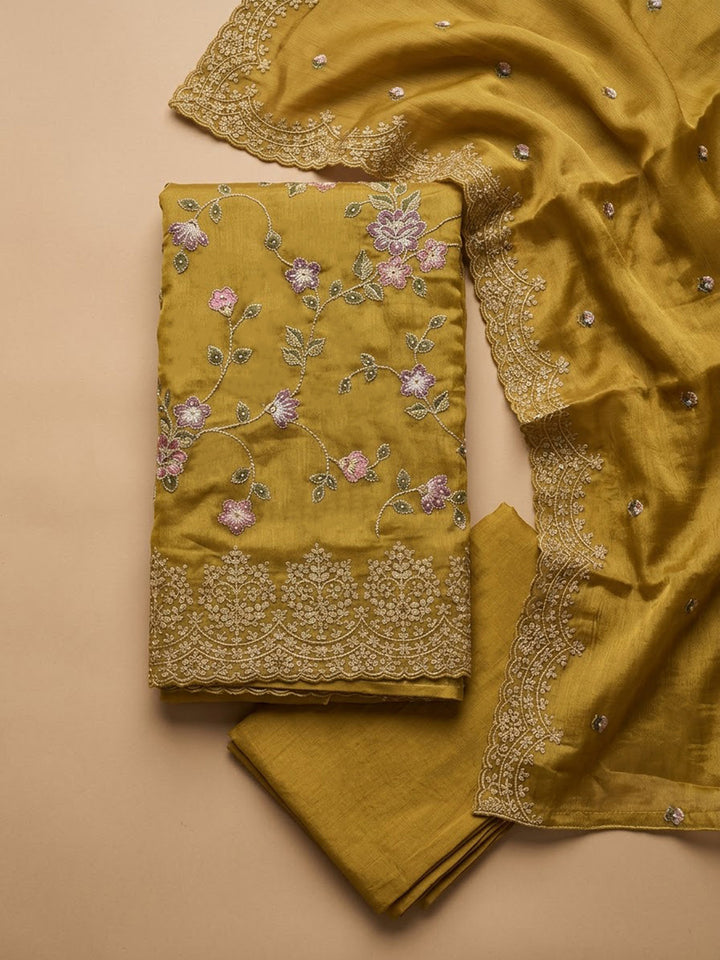 Mustard Organza Embroidered Unstitched Dress Material