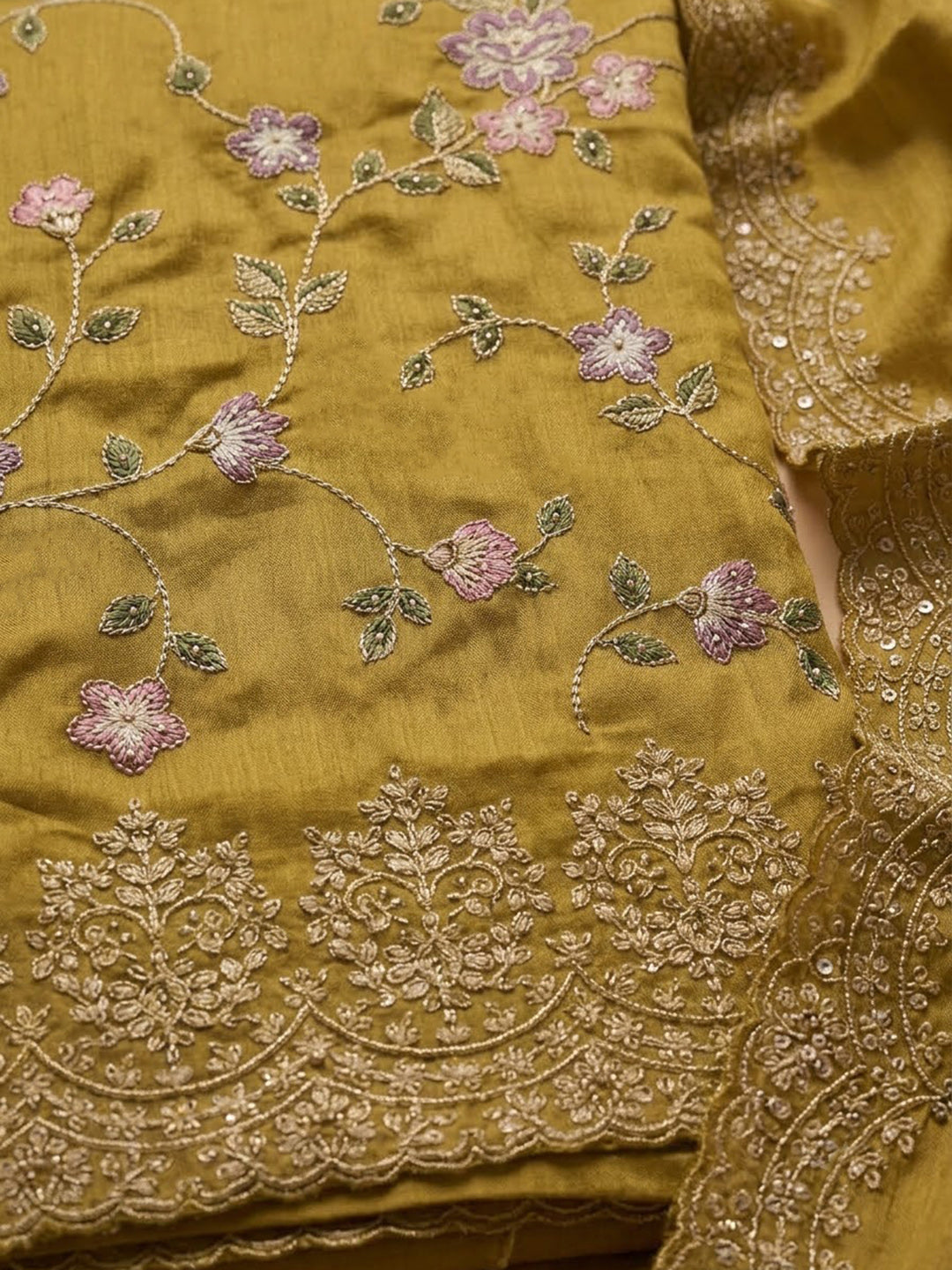 Mustard Organza Embroidered Unstitched Dress Material