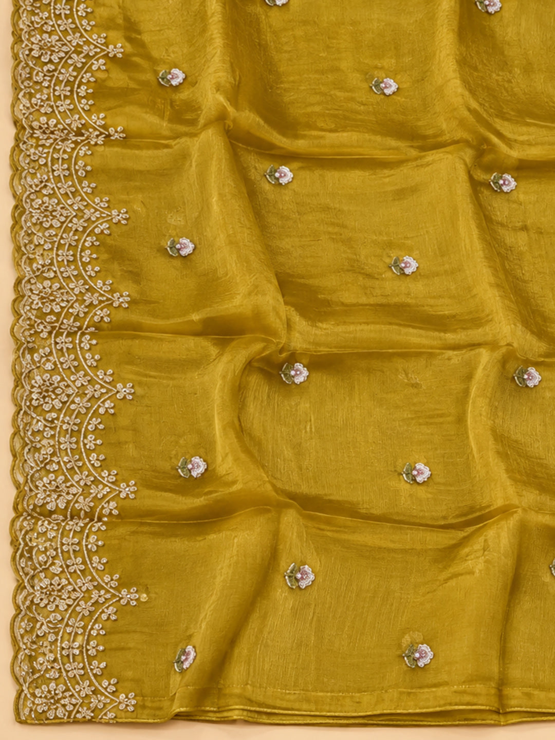 Mustard Organza Embroidered Unstitched Dress Material