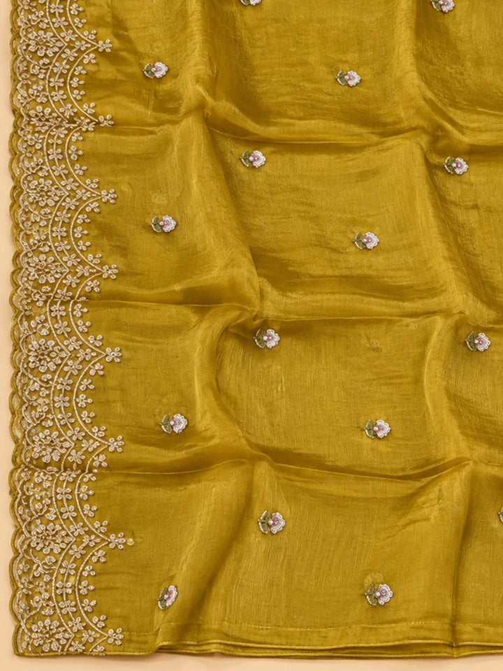 Mustard Organza Embroidered Unstitched Dress Material