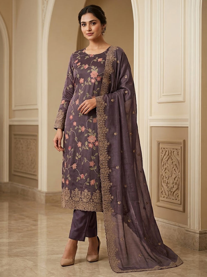 Purple Organza Embroidered Unstitched Dress Material
