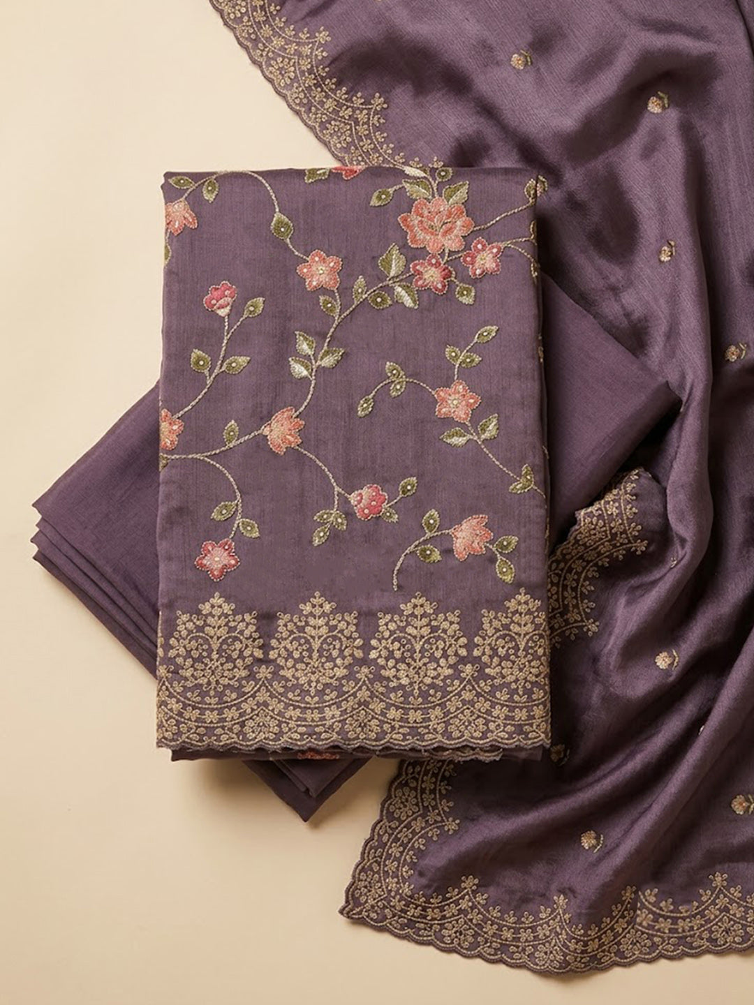 Purple Organza Embroidered Unstitched Dress Material