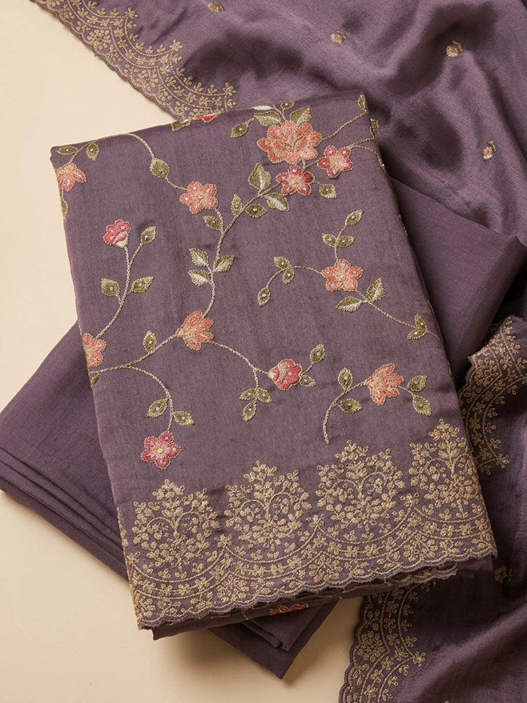 Purple Organza Embroidered Unstitched Dress Material