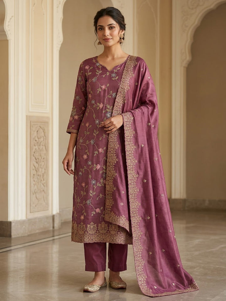 Wine Organza Embroidered Unstitched Dress Material