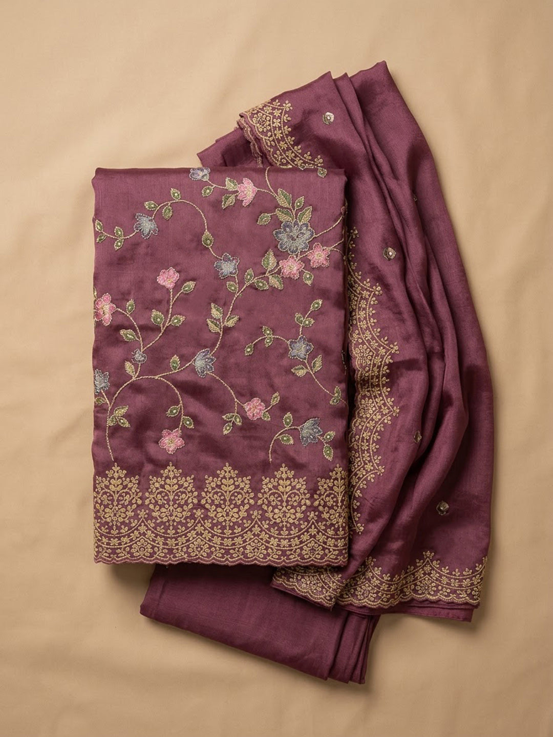 Wine Organza Embroidered Unstitched Dress Material