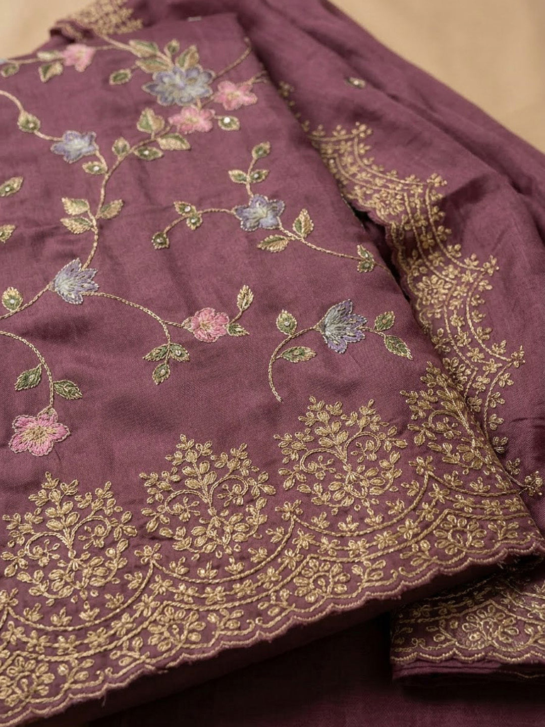 Wine Organza Embroidered Unstitched Dress Material