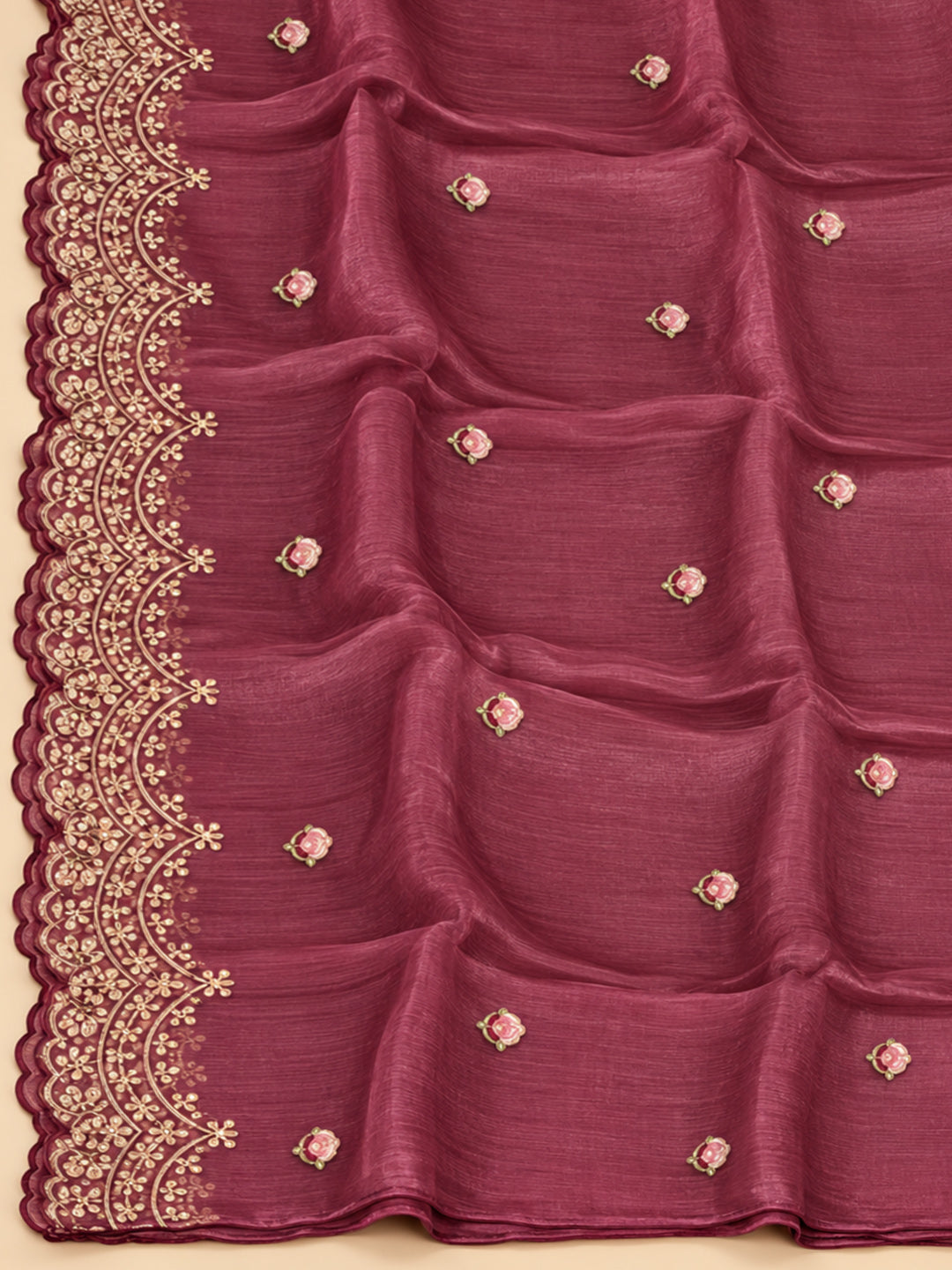 Wine Organza Embroidered Unstitched Dress Material