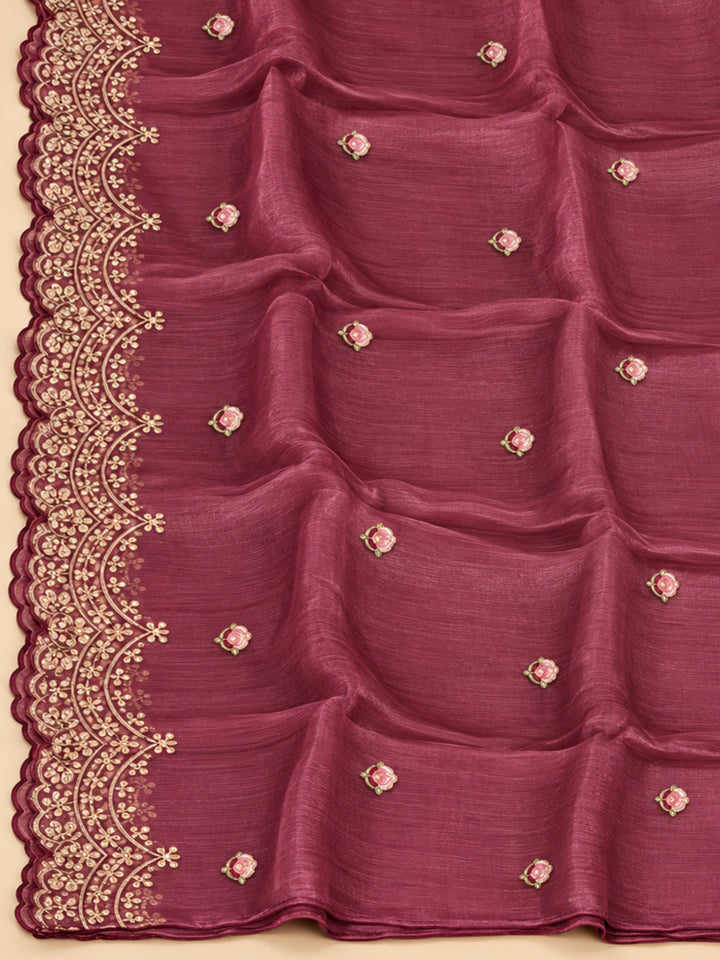 Wine Organza Embroidered Unstitched Dress Material