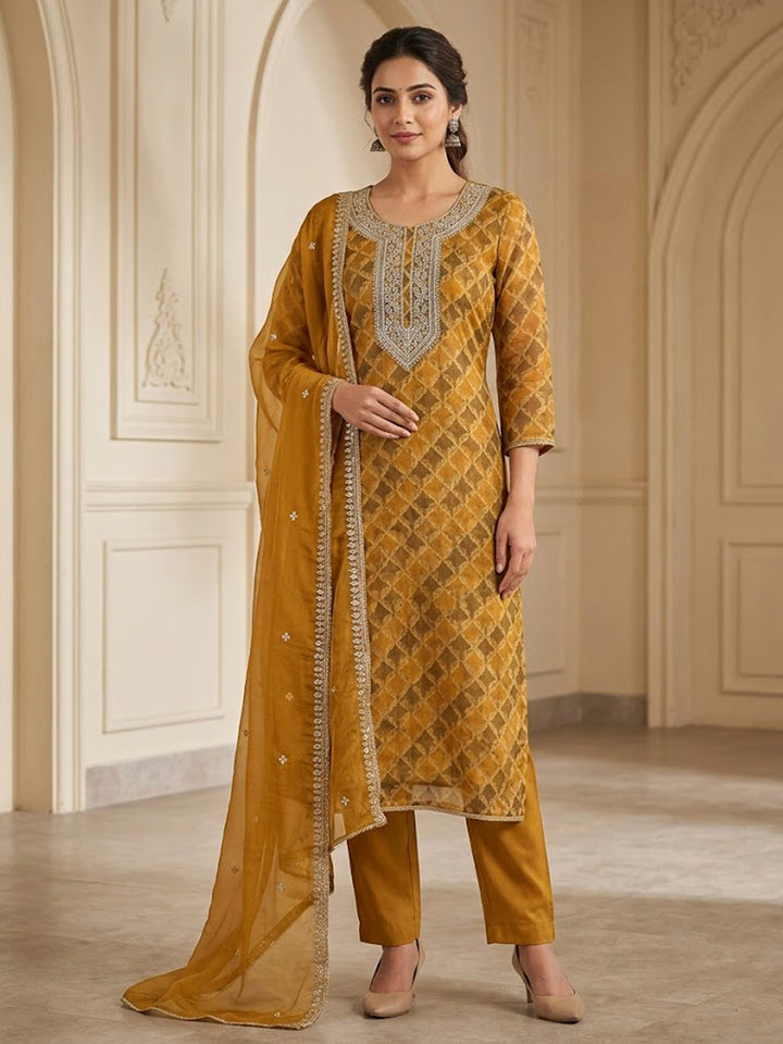 Mustard Organza Embroidered Unstitched Dress Material