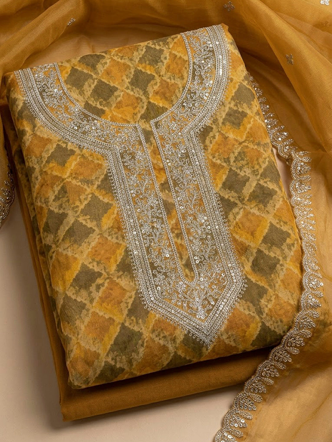 Mustard Organza Embroidered Unstitched Dress Material