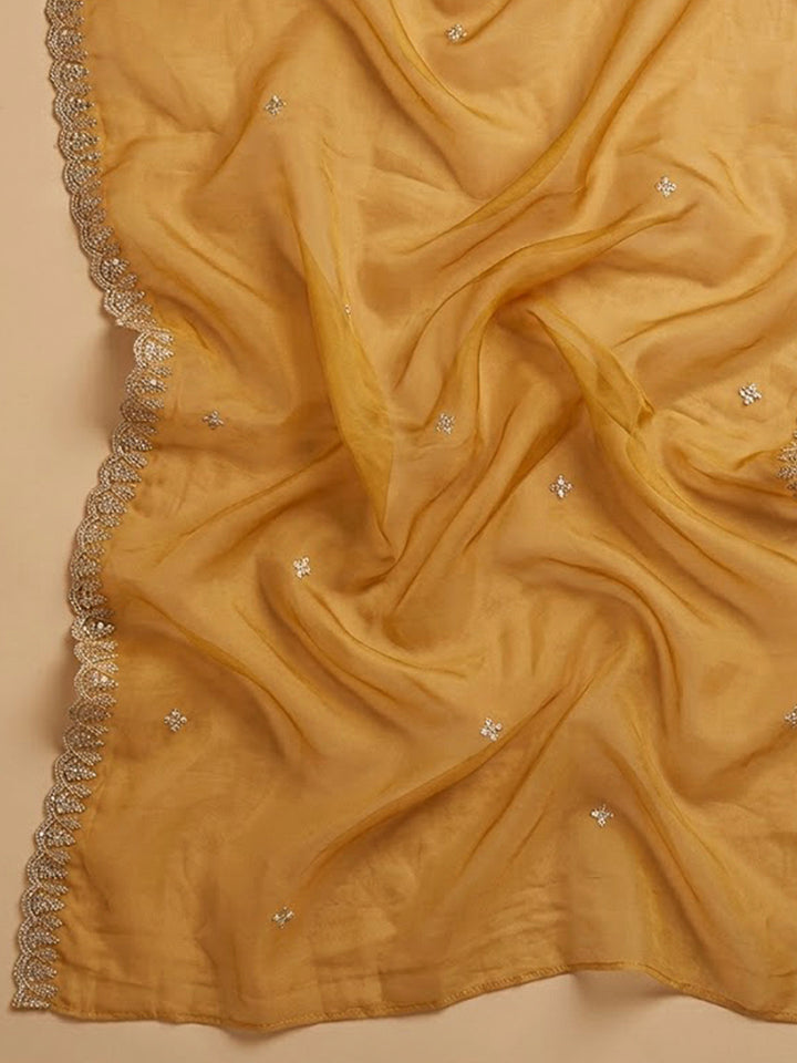 Mustard Organza Embroidered Unstitched Dress Material