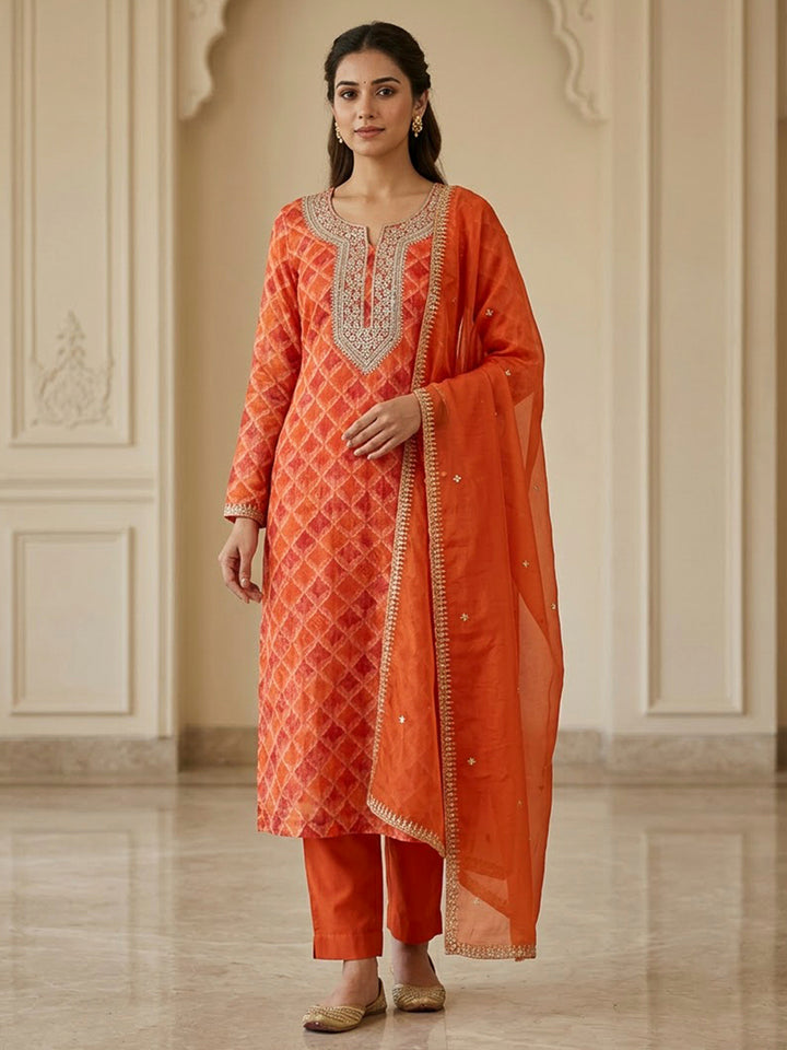 Orange Organza Embroidered Unstitched Dress Material