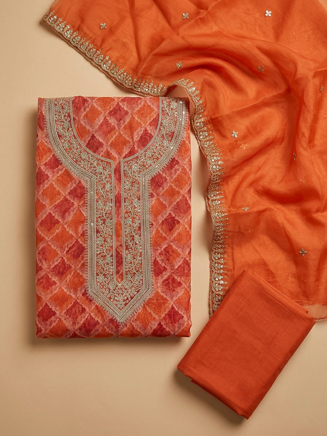 Orange Organza Embroidered Unstitched Dress Material