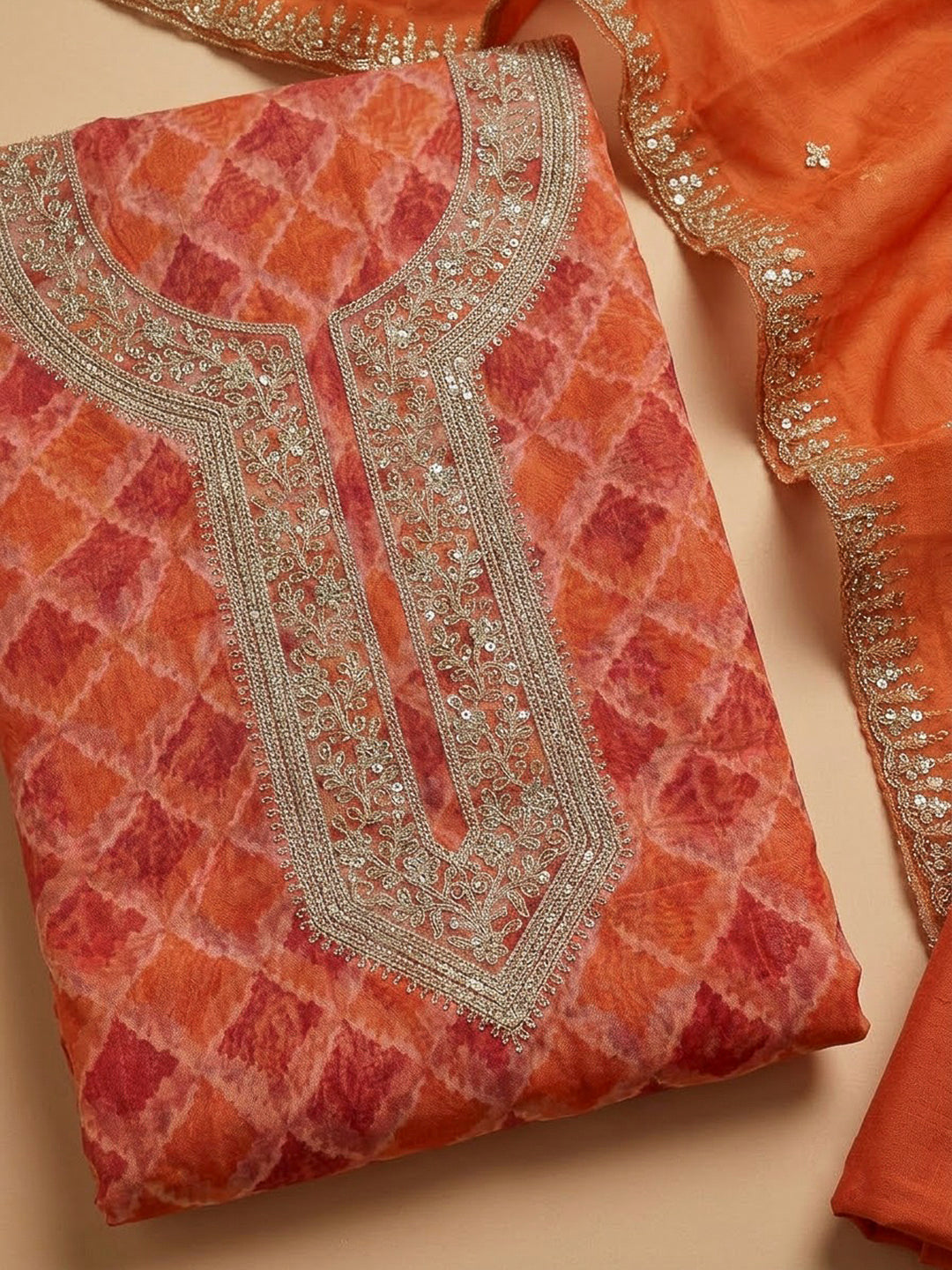 Orange Organza Embroidered Unstitched Dress Material