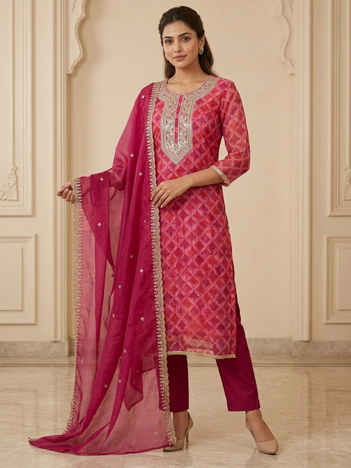 Pink Organza Embroidered Unstitched Dress Material