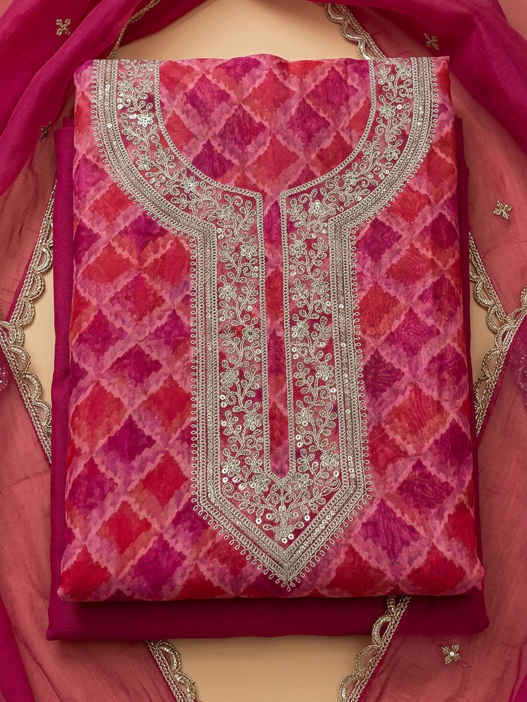Pink Organza Embroidered Unstitched Dress Material