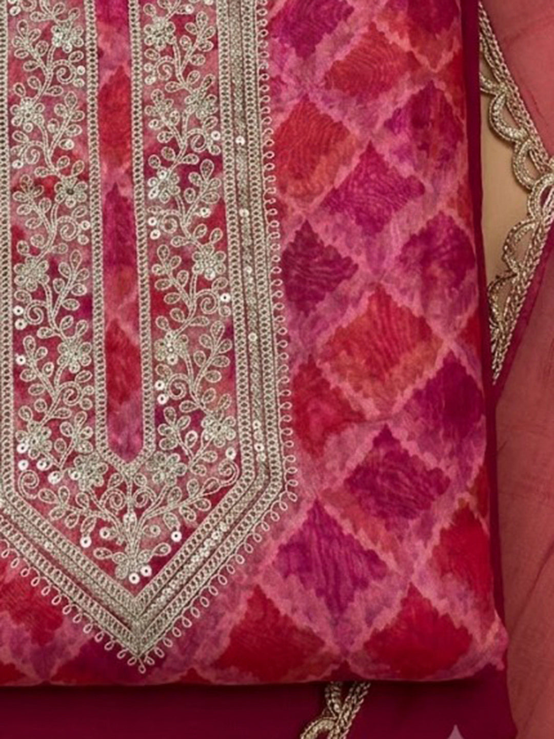 Pink Organza Embroidered Unstitched Dress Material