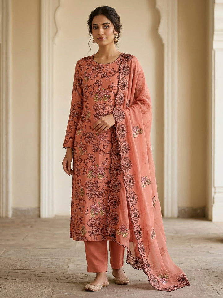 Peach Chanderi Embroidered Unstitched Dress Material