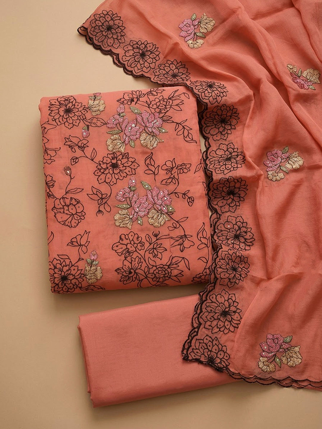 Peach Chanderi Embroidered Unstitched Dress Material