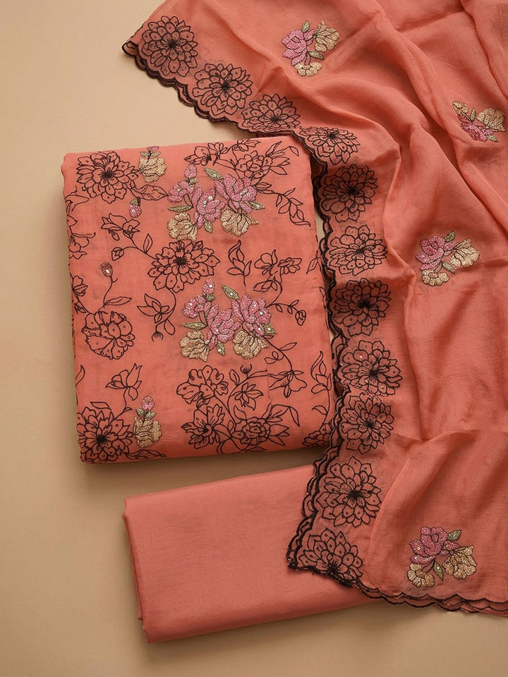 Peach Chanderi Embroidered Unstitched Dress Material