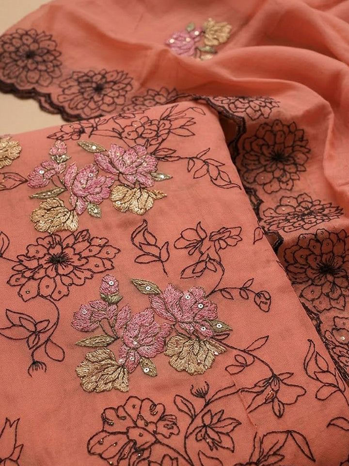 Peach Chanderi Embroidered Unstitched Dress Material