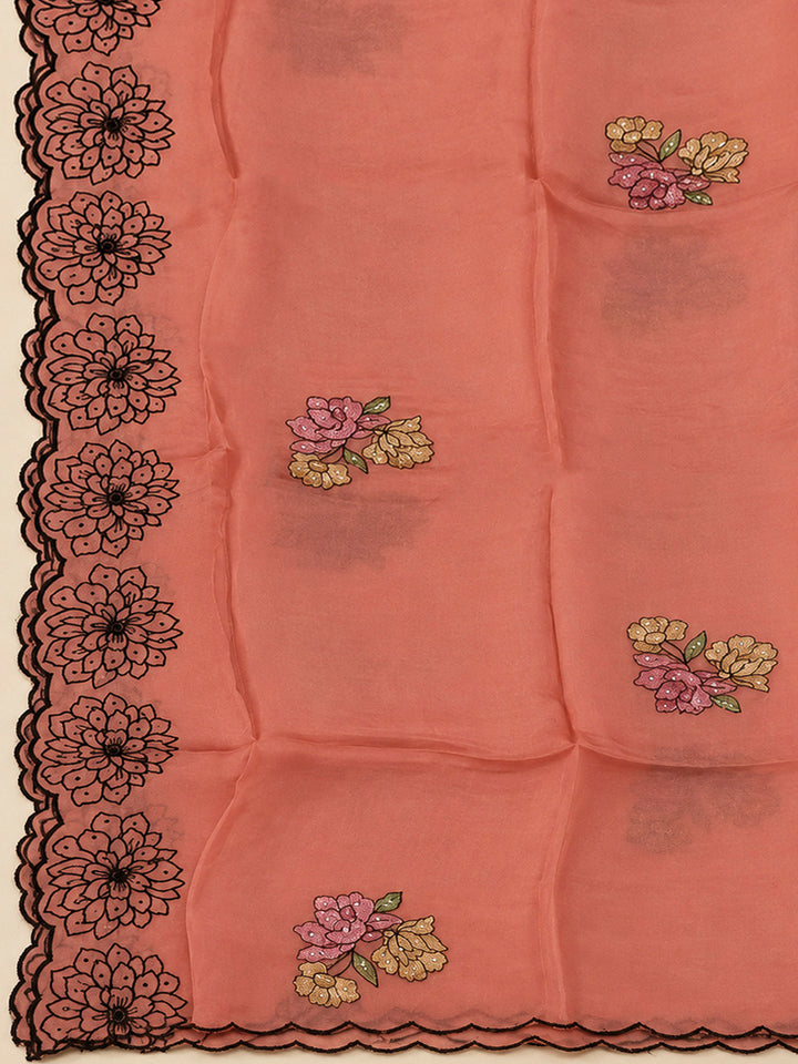 Peach Chanderi Embroidered Unstitched Dress Material