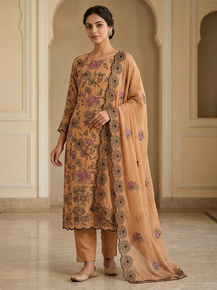 Pink Chanderi Embroidered Unstitched Dress Material