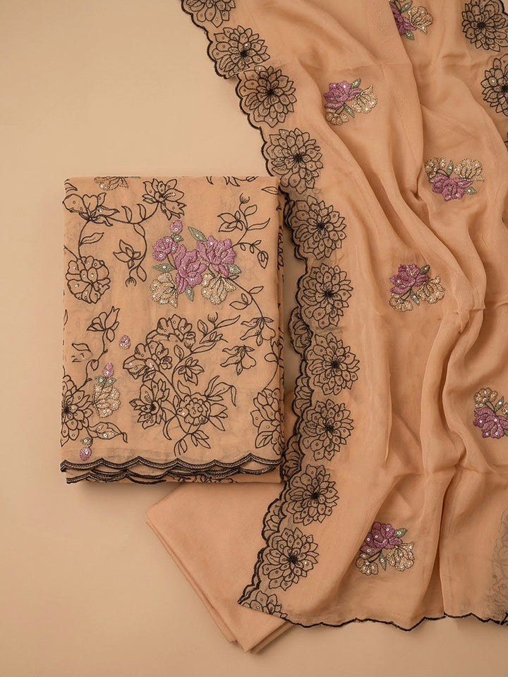 Pink Chanderi Embroidered Unstitched Dress Material