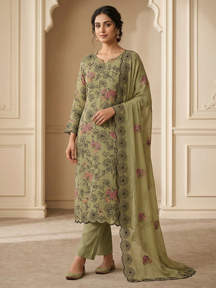 Pista Green Chanderi Embroidered Unstitched Dress Material