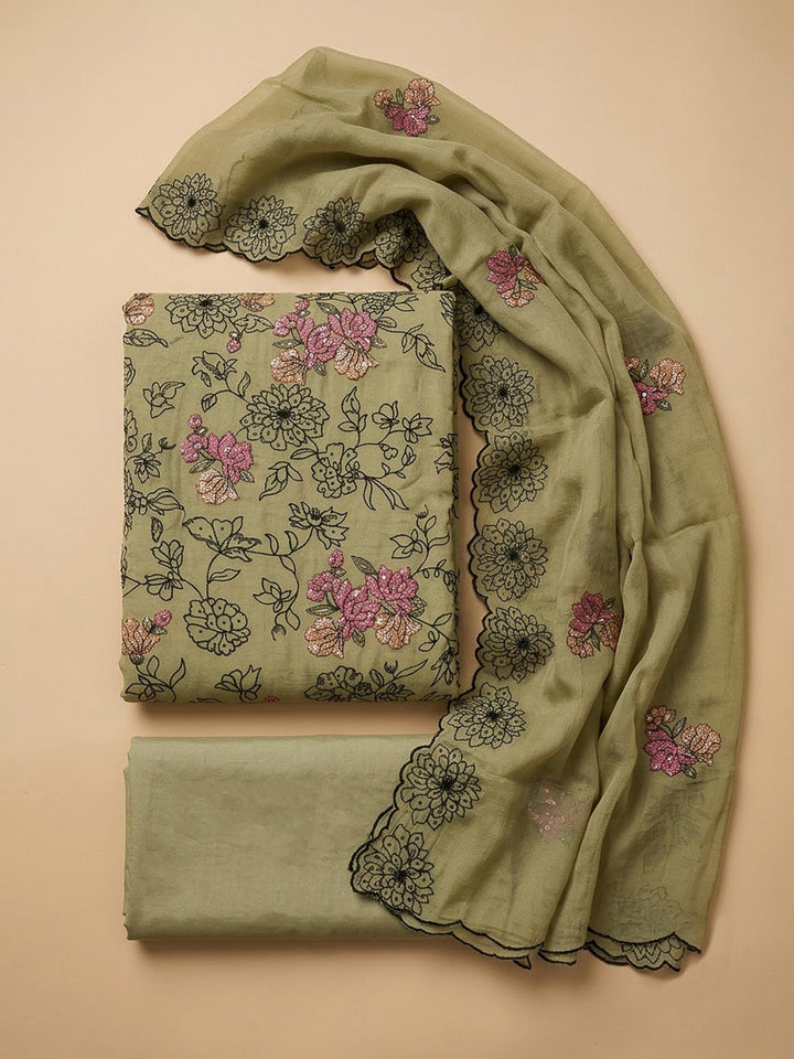 Pista Green Chanderi Embroidered Unstitched Dress Material