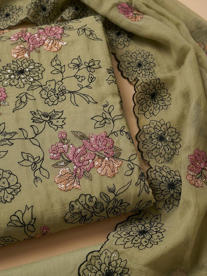 Pista Green Chanderi Embroidered Unstitched Dress Material