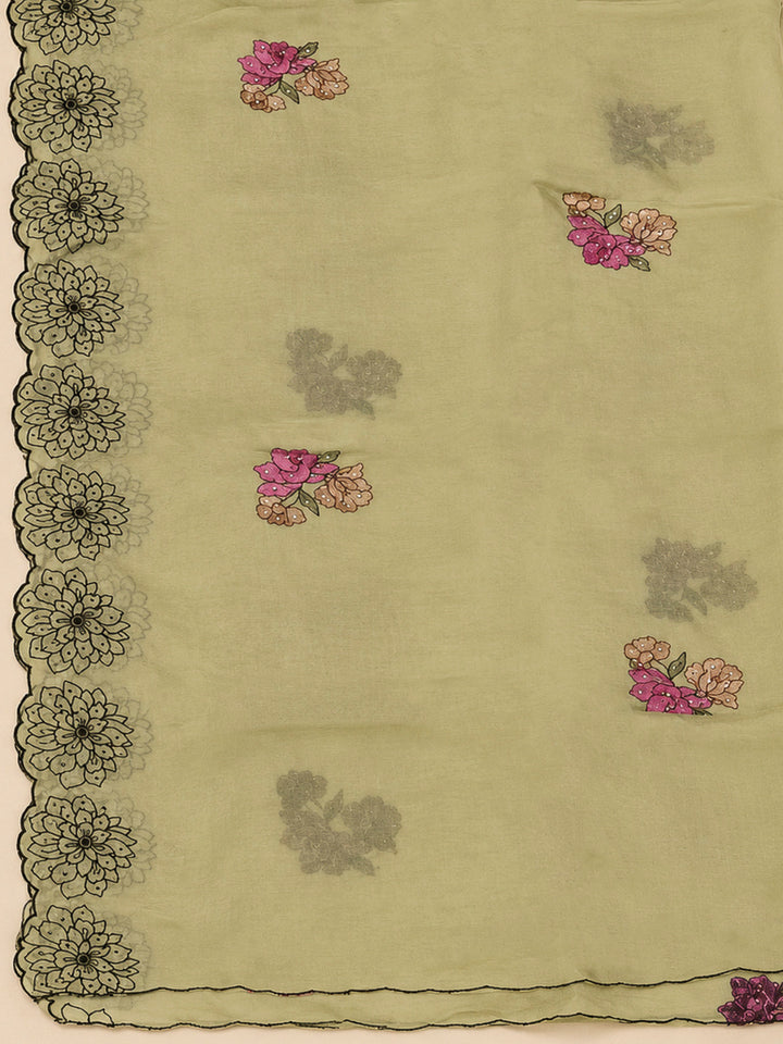 Pista Green Chanderi Embroidered Unstitched Dress Material