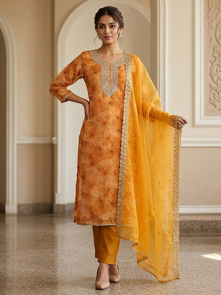 Mustard Organza Embroidered Unstitched Dress Material