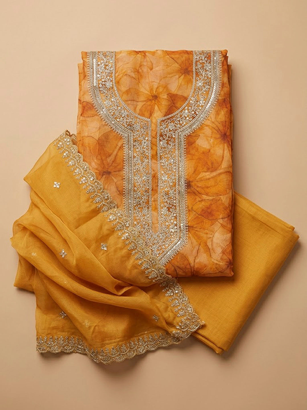 Mustard Organza Embroidered Unstitched Dress Material