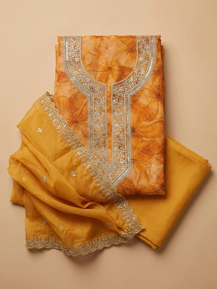 Mustard Organza Embroidered Unstitched Dress Material