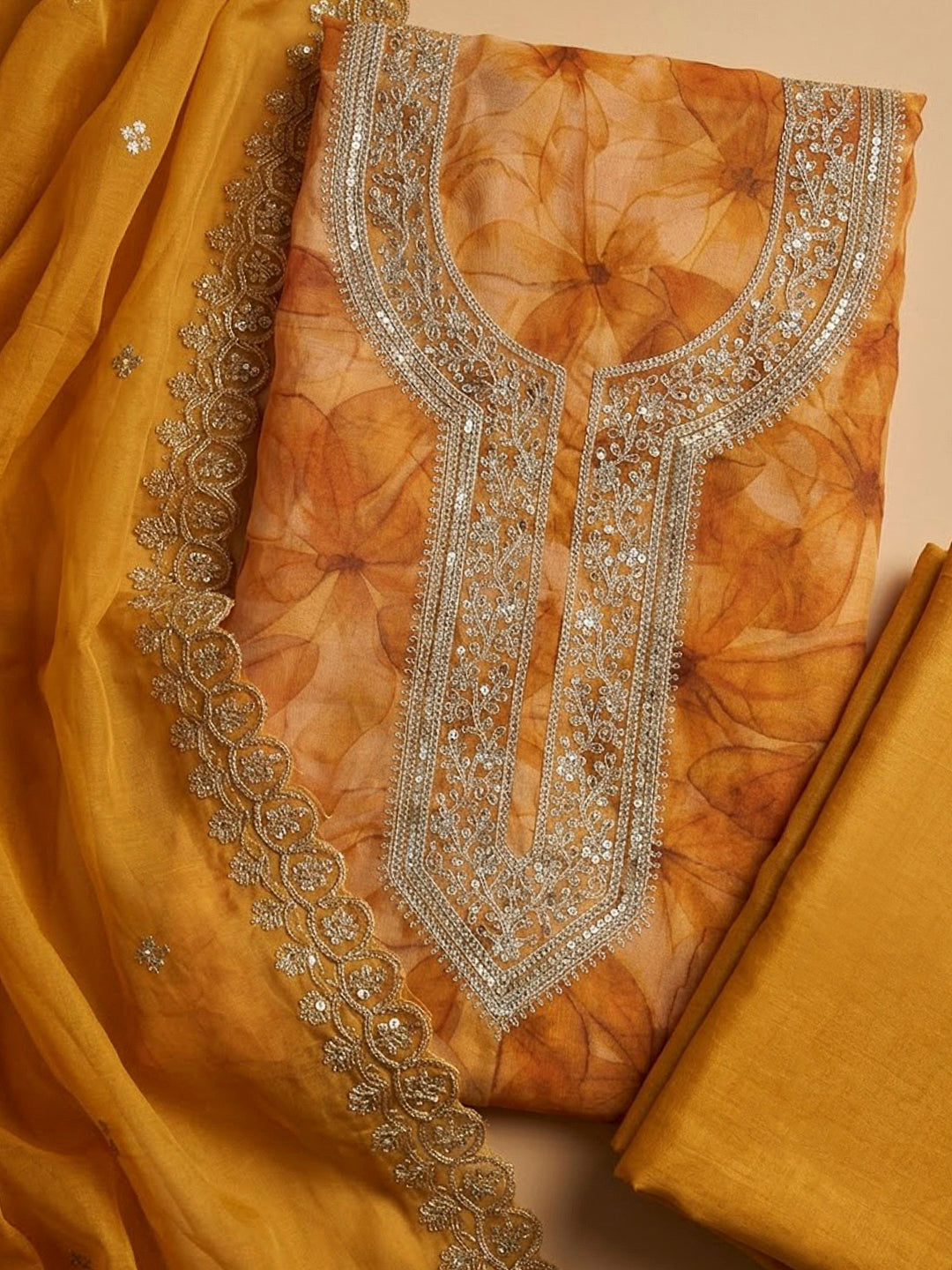 Mustard Organza Embroidered Unstitched Dress Material
