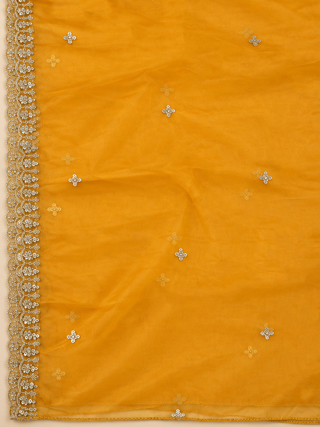 Mustard Organza Embroidered Unstitched Dress Material