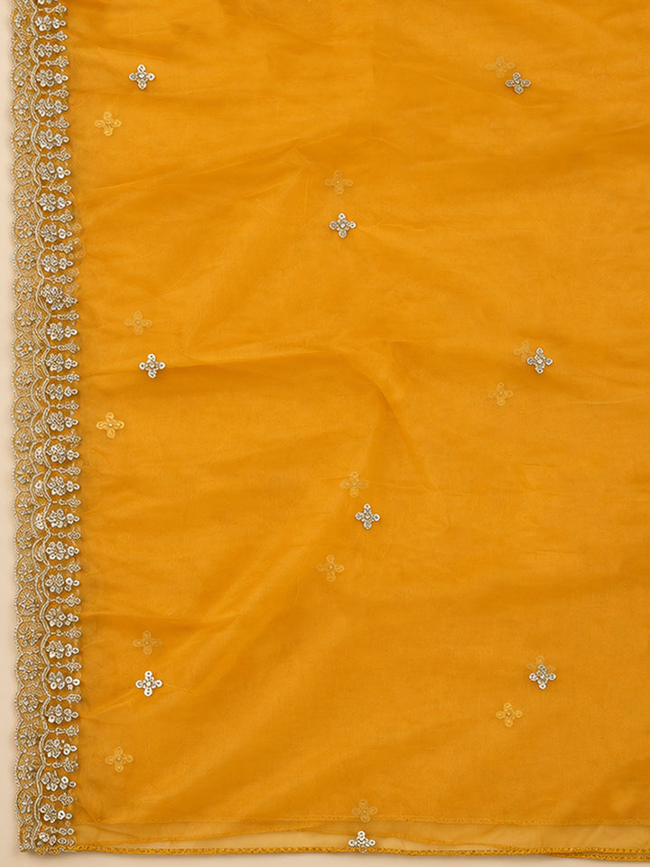 Mustard Organza Embroidered Unstitched Dress Material
