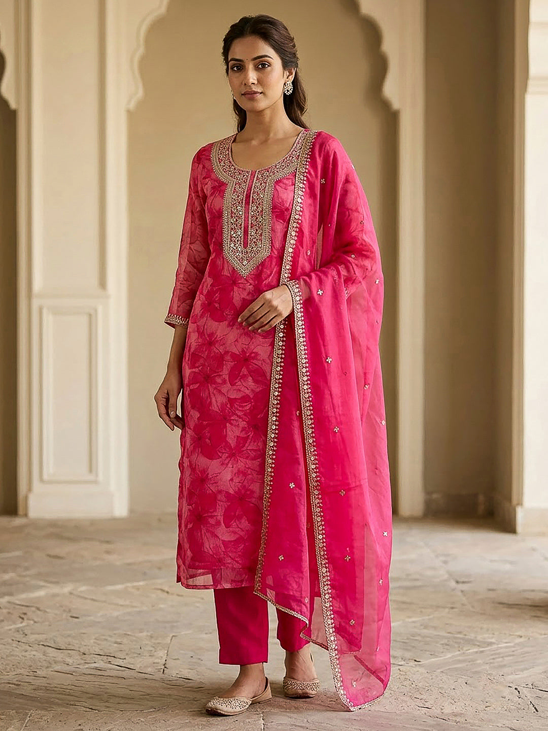Pink Organza Embroidered Unstitched Dress Material