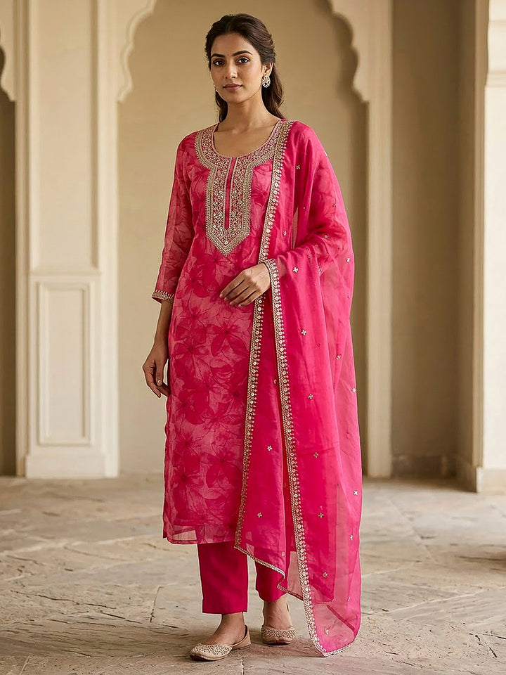Pink Organza Embroidered Unstitched Dress Material