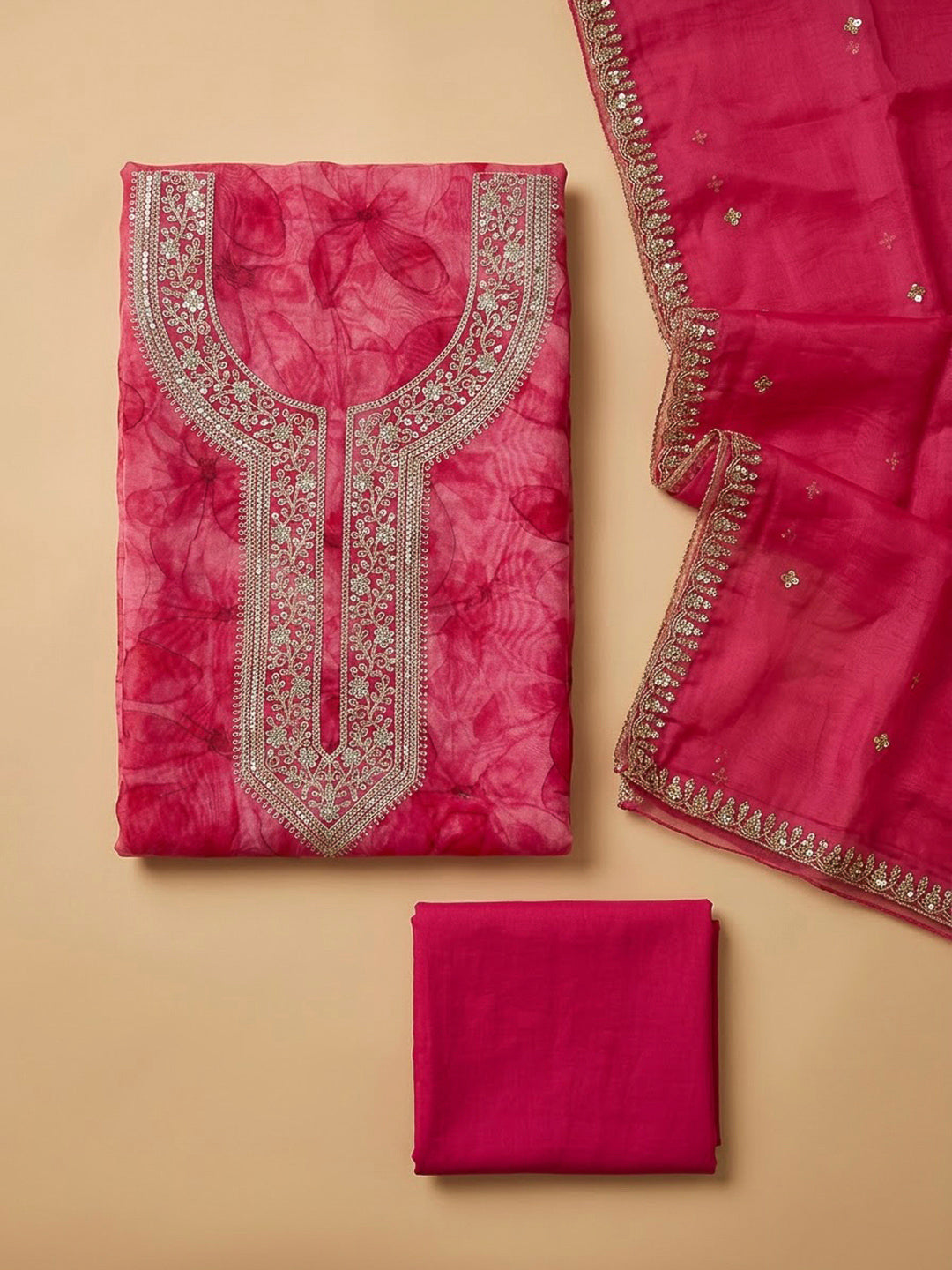 Pink Organza Embroidered Unstitched Dress Material