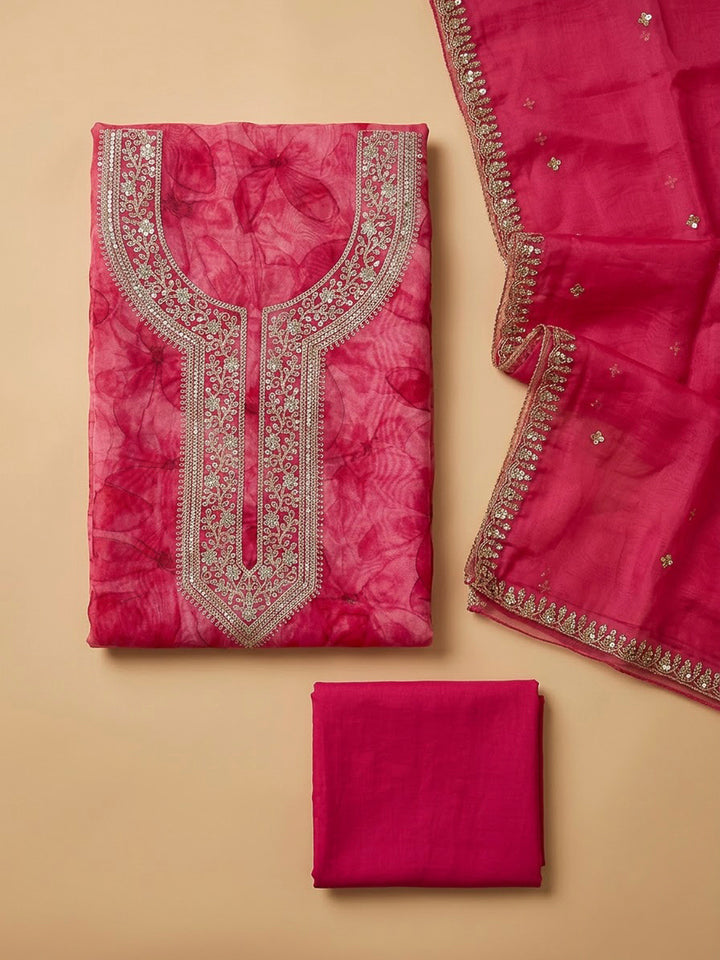 Pink Organza Embroidered Unstitched Dress Material