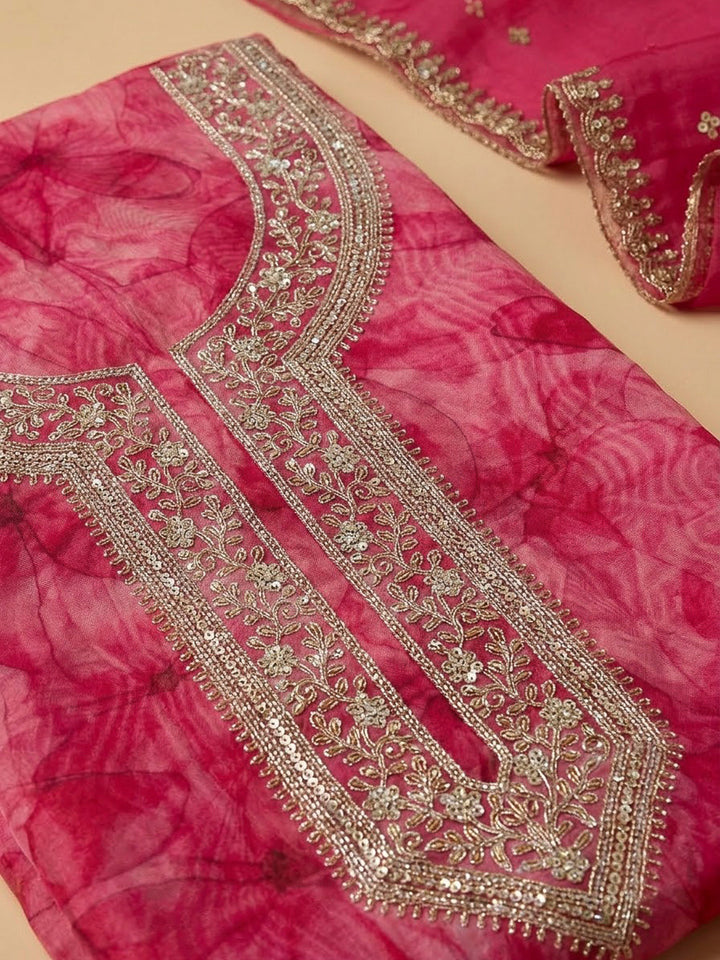 Pink Organza Embroidered Unstitched Dress Material