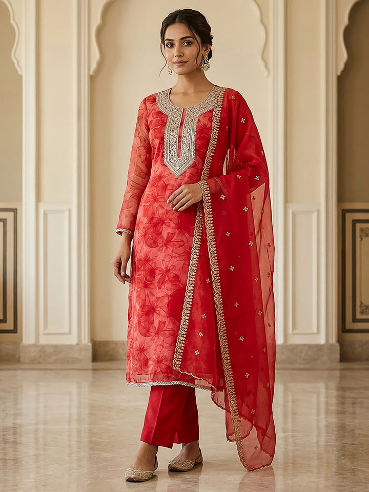 Red Organza Embroidered Unstitched Dress Material