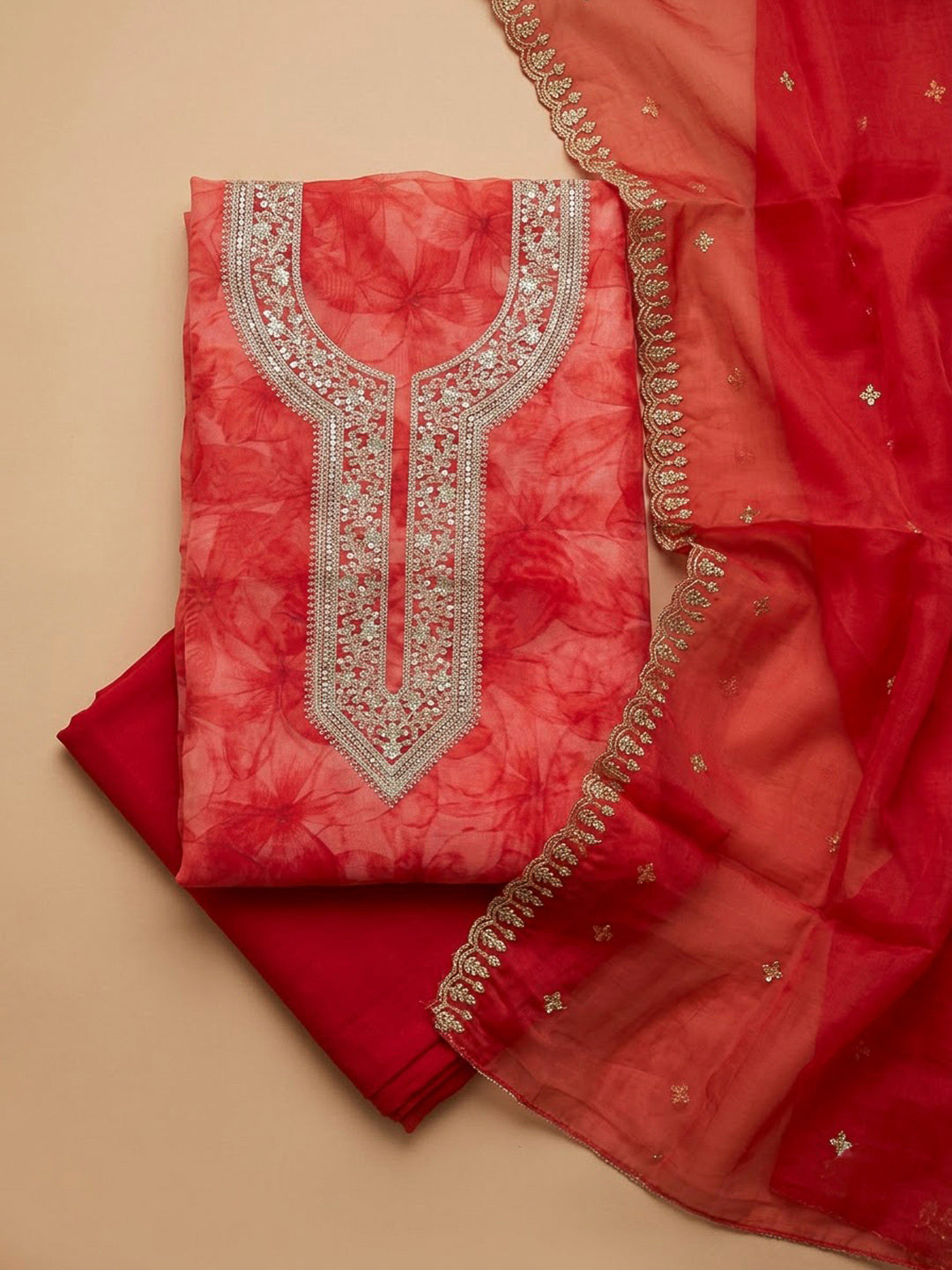 Red Organza Embroidered Unstitched Dress Material