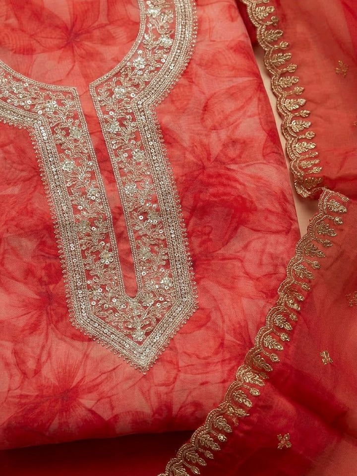Red Organza Embroidered Unstitched Dress Material
