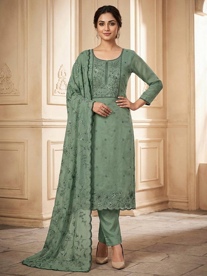 Aqua Green Cotton Blend Embroidered Unstitched Dress Material